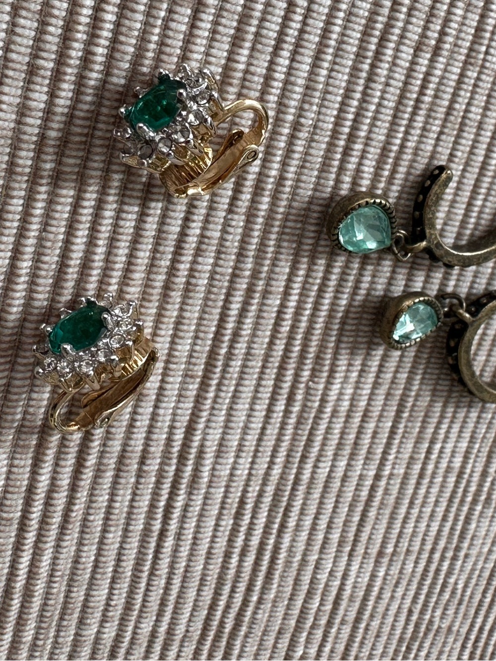 2 pairs - Gold-tone Emerald Cluster Clip-On and crystal drop Earrings - Green